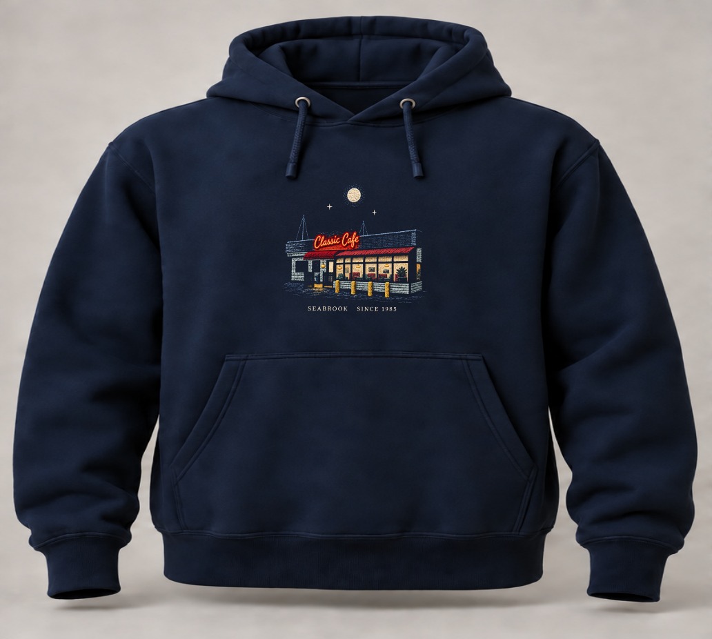 Navy Cafe at Night hoodie with colorful embroidered restaurant scene
